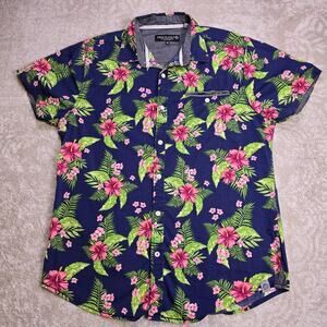 Free Planet - Men's Blue Floral Button Collard Short Sleeve Shirt - Size Medium
